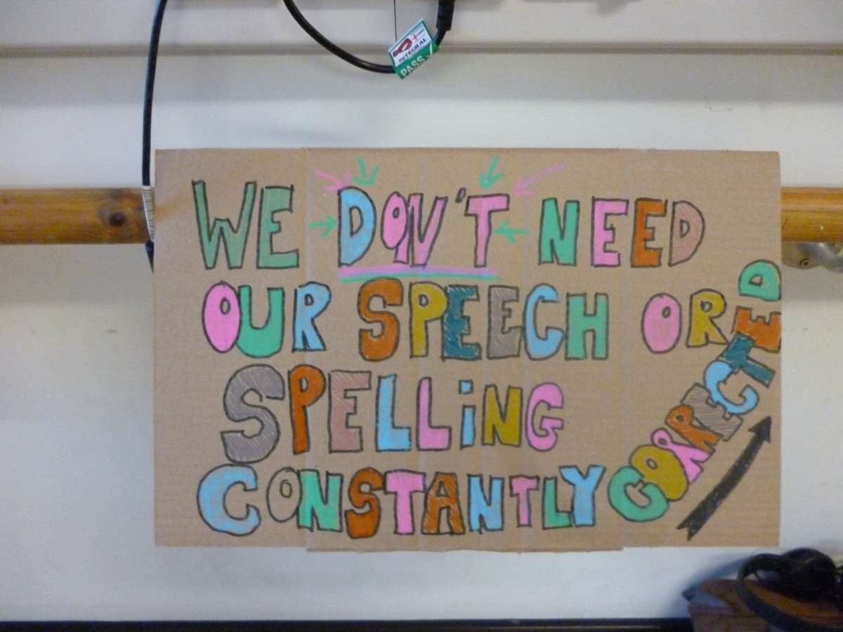 Finished protest sign: We don't need our speech or spelling constantly corrected.